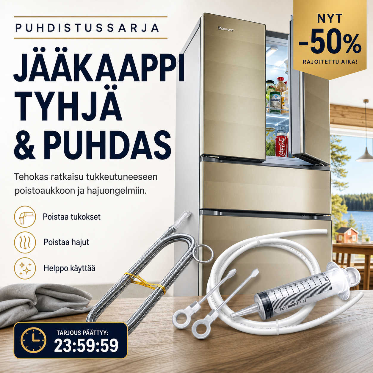 Jääkaappi tyhjä ja puhdistussarja
