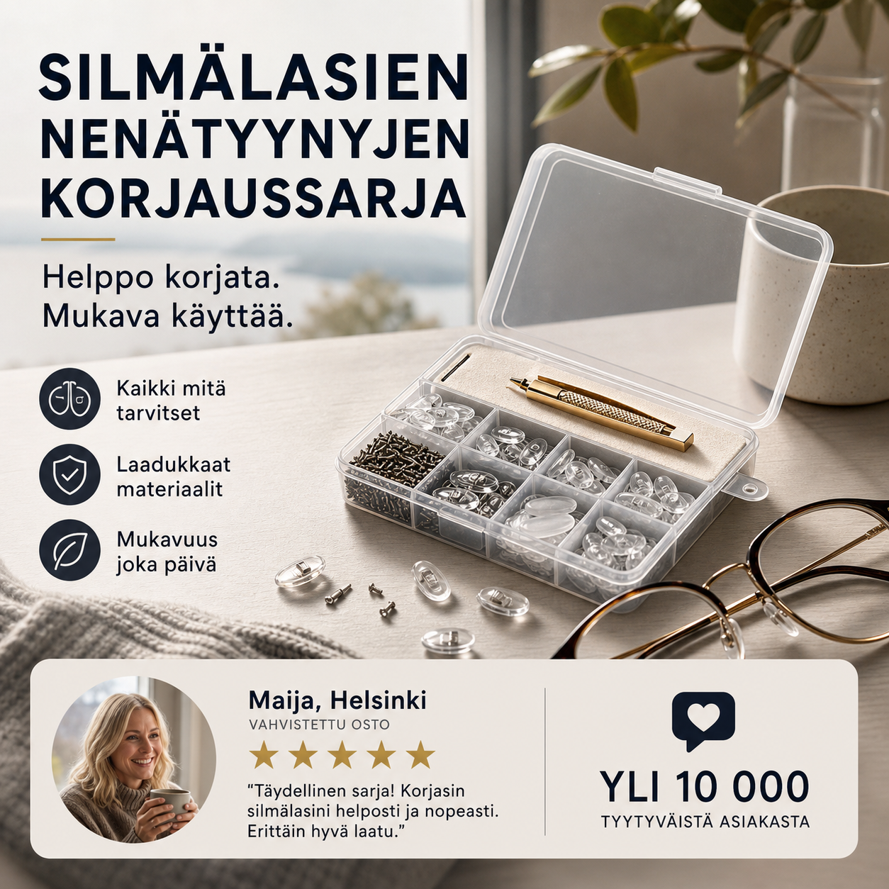 👓-50% NYT! 🛠️Silmälasien nenätyynyjen korjaussarja – Pehmeät liukumattomat tyynyt, täydelliset korjaustyökalut, yleiskäyttöinen silmälasien huoltosarja