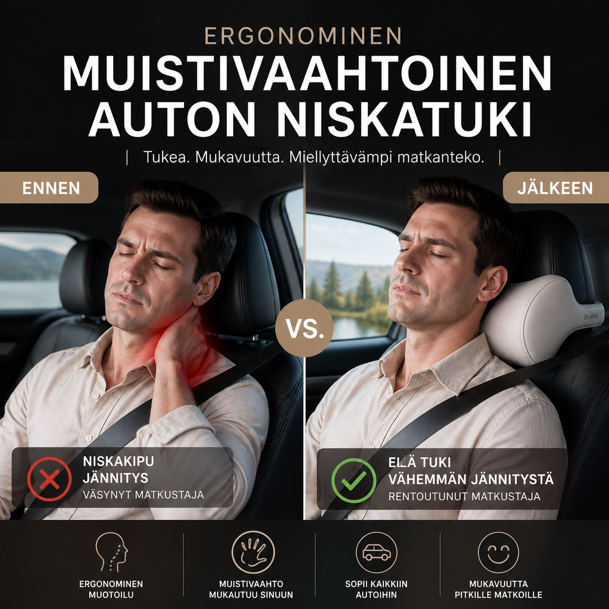 Ergonominen muistivaahtoinen auton niskatuki