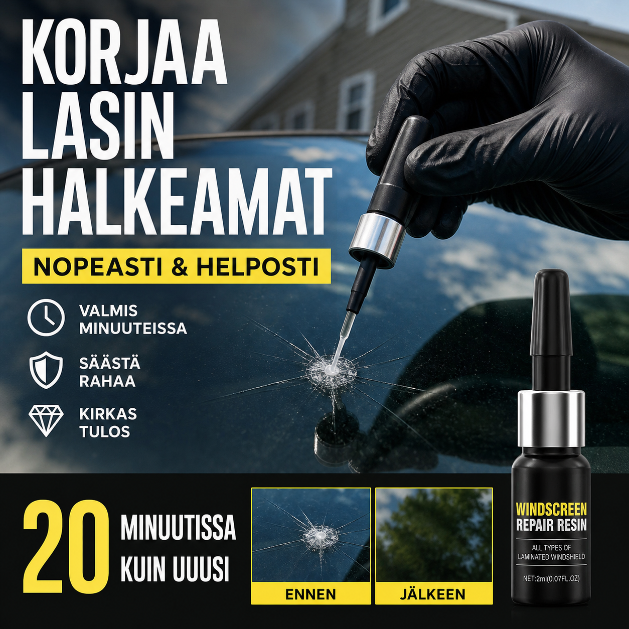 Lasin halkeamien korjausaine