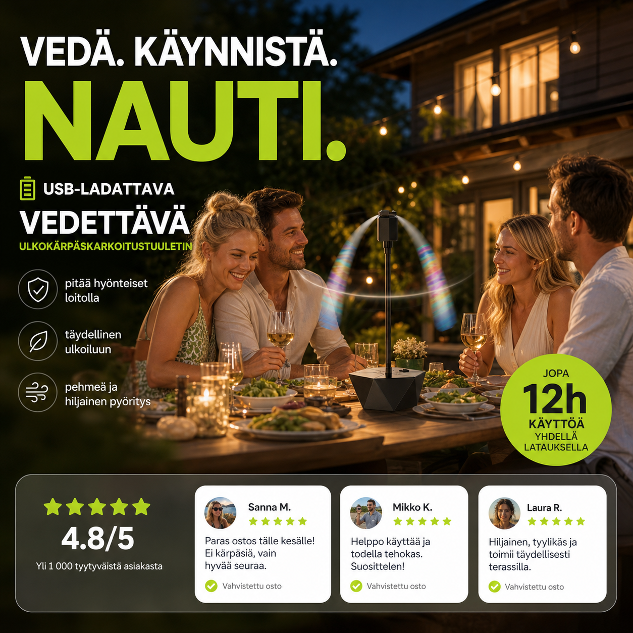 USB-ladattava vedettävä ulkokärpäskarkoitustuuletin