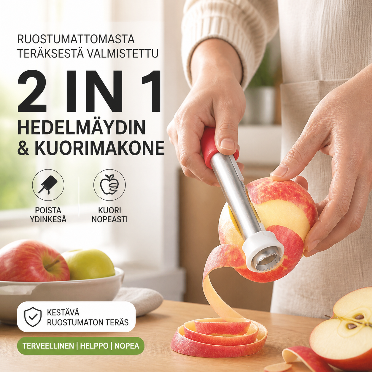 Ruostumattomasta teräksestä valmistettu hedelmäydin ja kuorimakone 2 in 1