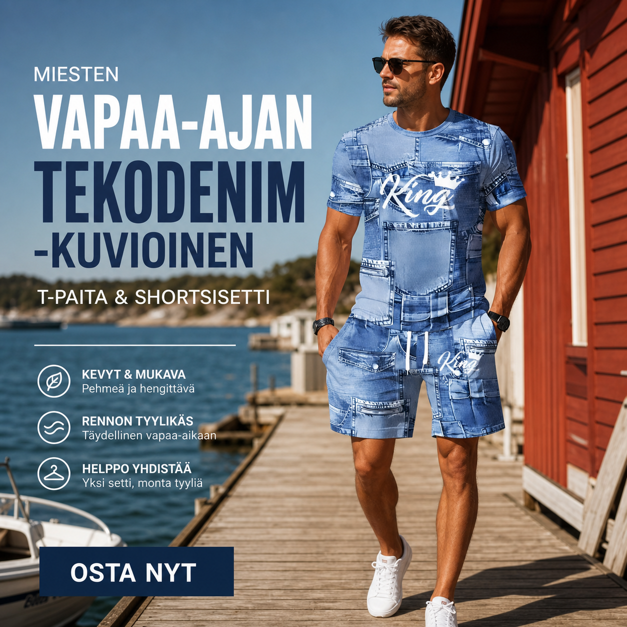 Miesten vapaa-ajan tekodenim-kuvioinen T-paita- ja shortsisetti