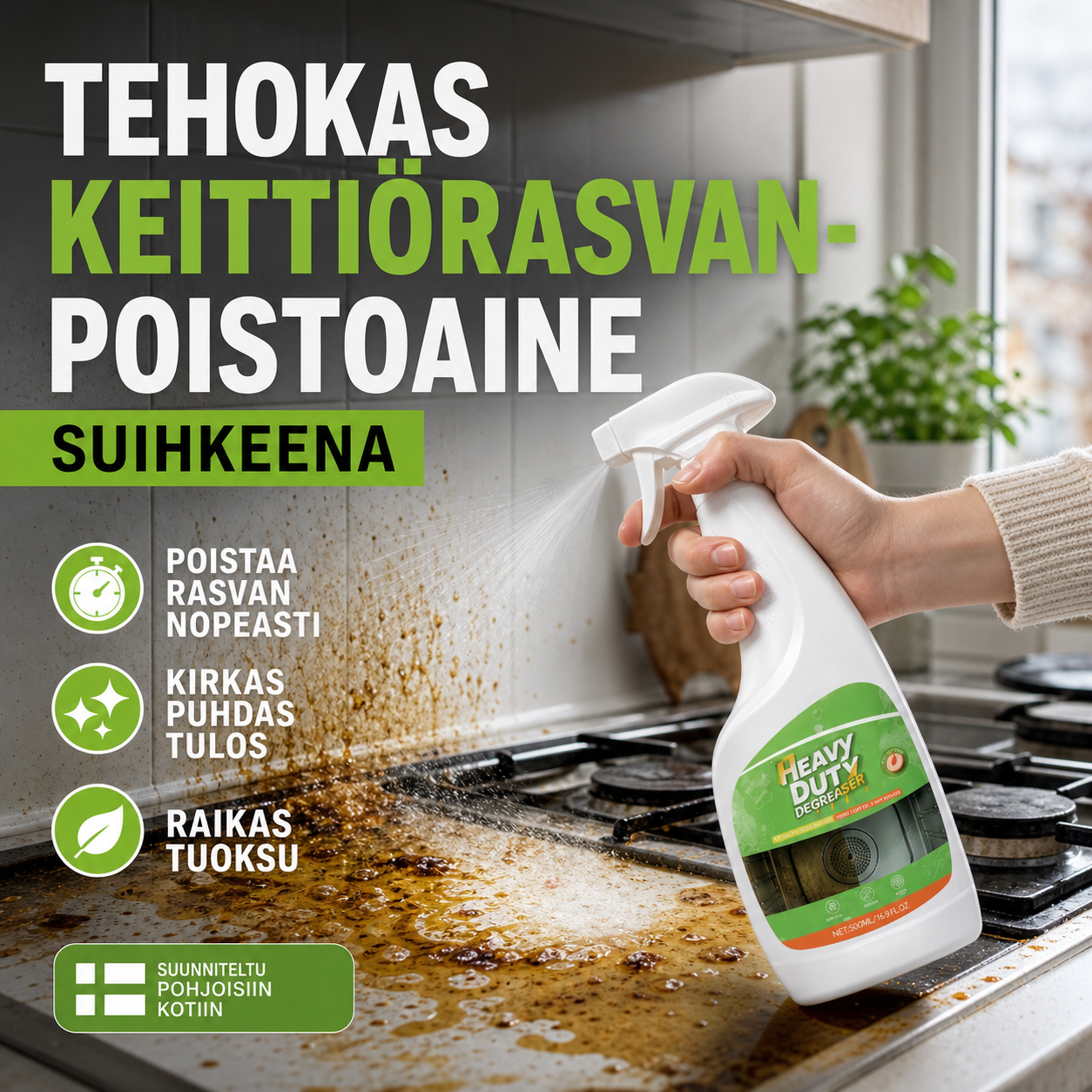 Tehovaikuttava keittiörasvanpoistoaine suihkeena