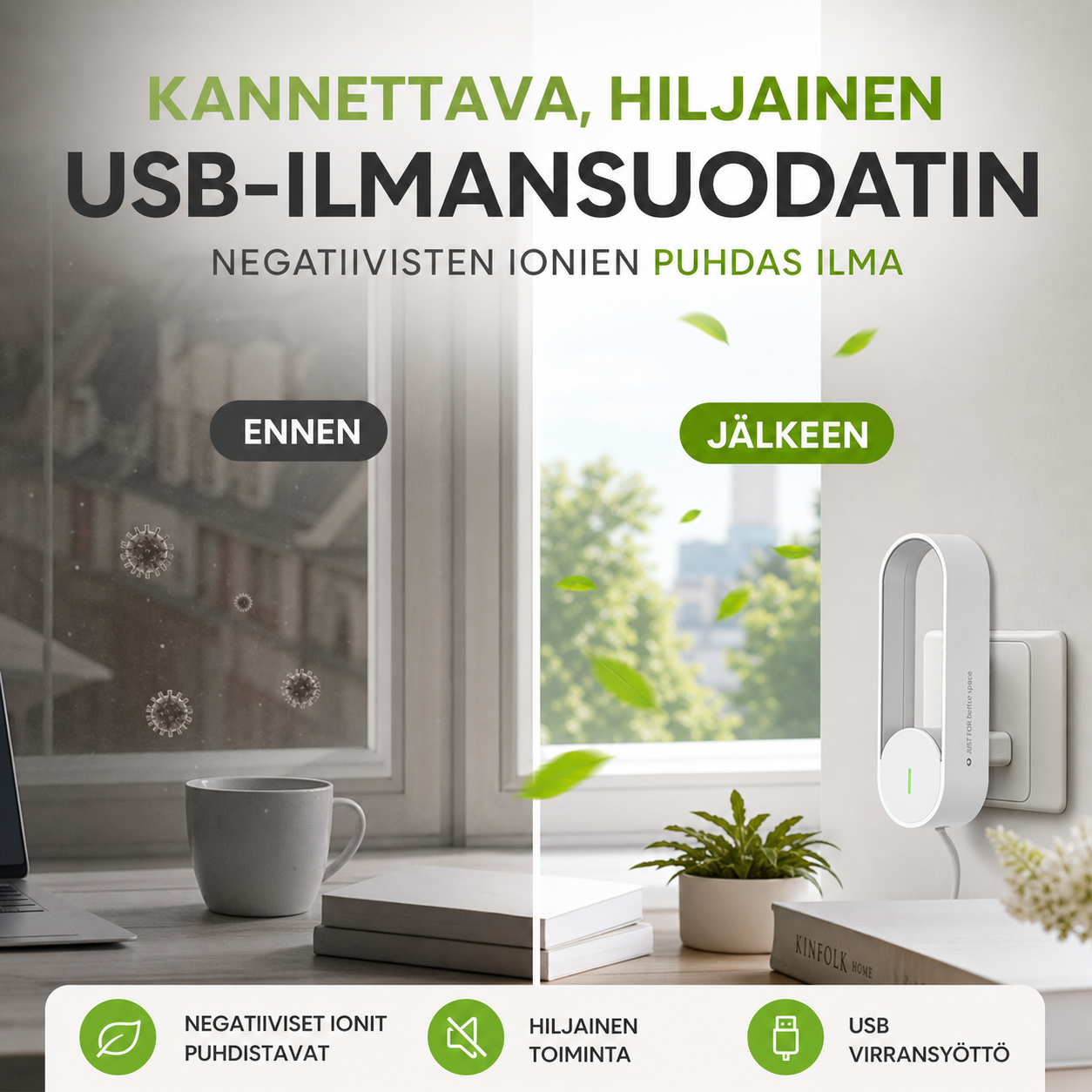 Kannettava, hiljainen USB-liitännällä varustettu negatiivisten ionien ilmanpuhdistin