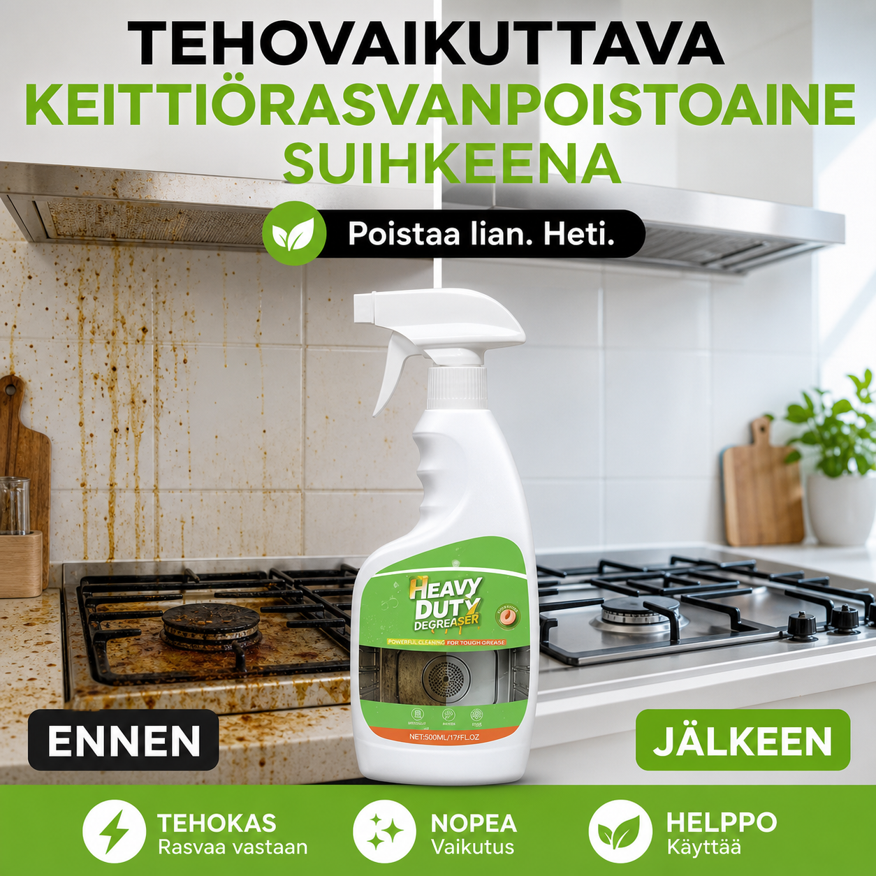 Tehovaikuttava keittiörasvanpoistoaine suihkeena