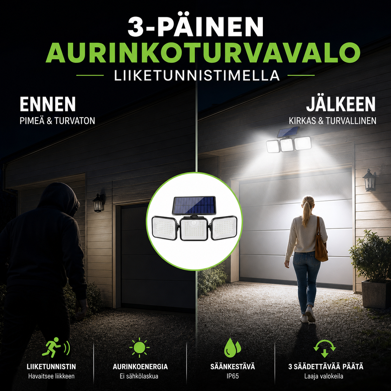 3-päinen aurinkoturvavalo liiketunnistimella