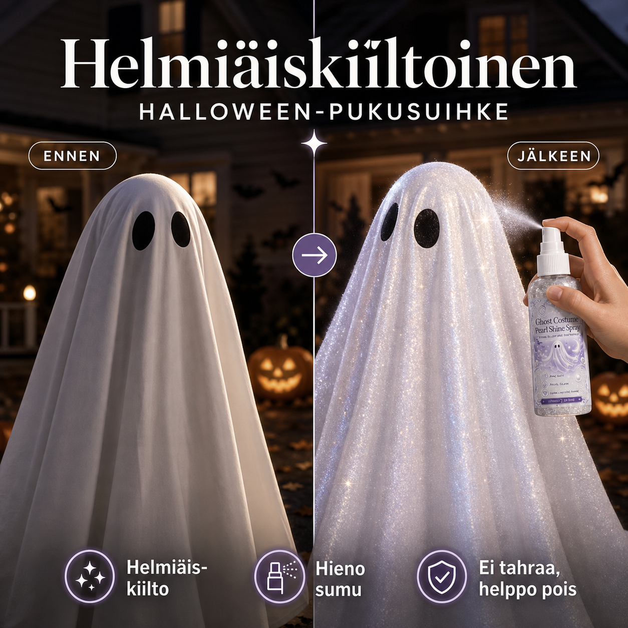 Helmiäiskiiltoinen Halloween-pukusuihke