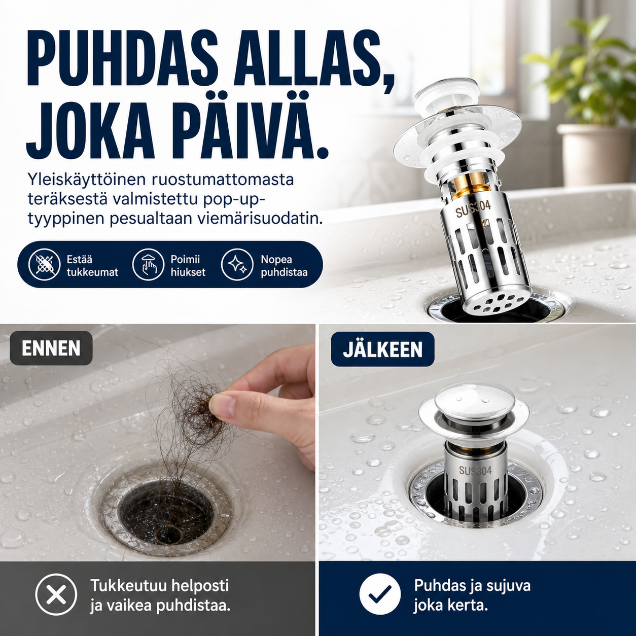 Yleiskäyttöinen ruostumattomasta teräksestä valmistettu pop-up-tyyppinen pesualtaan viemärisuodatin