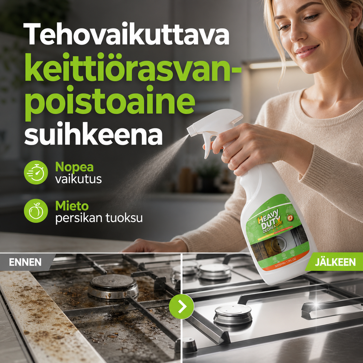 Tehovaikuttava keittiörasvanpoistoaine suihkeena