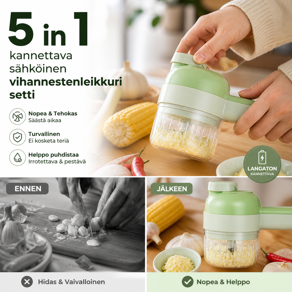 Ihanteellinen lahja - 5 in 1 kannettava sähköinen vihannestenleikkuri setti