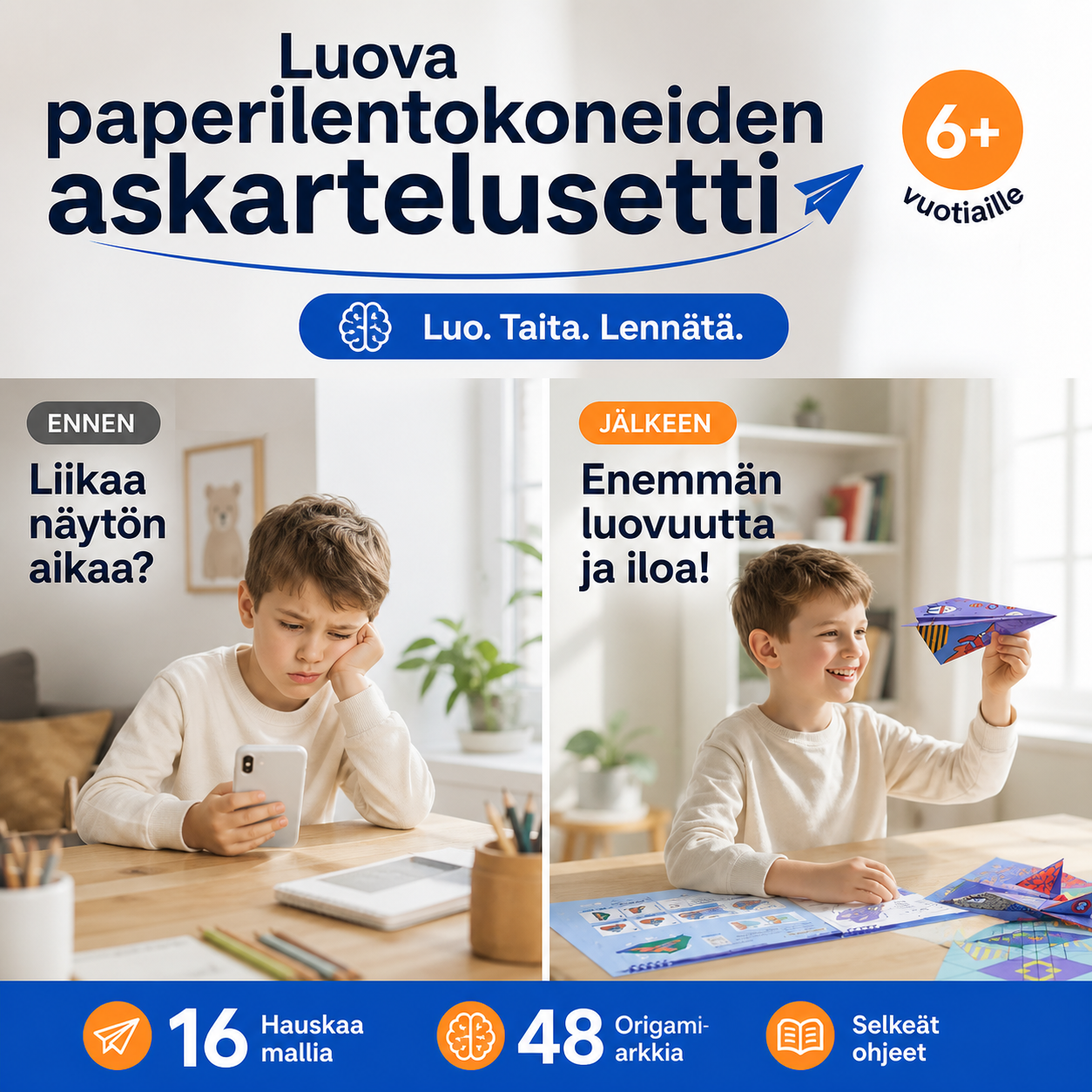 Luova paperilentokoneiden askartelusetti lapsille