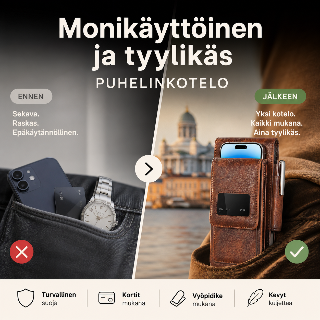 Monikäyttöinen ja tyylikäs puhelinkotelo