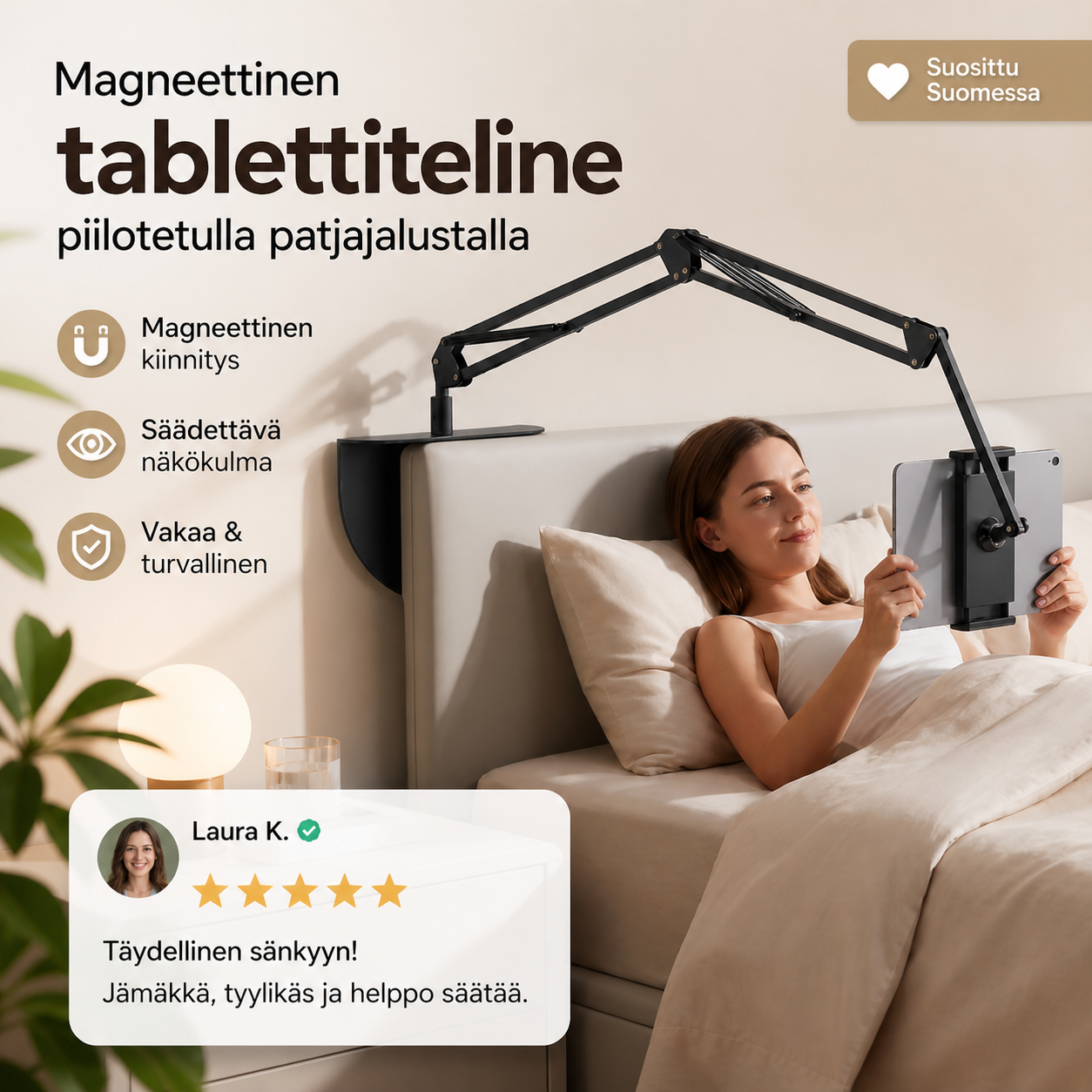 🛏️ Katso tabletista sängyssä, hands-free – magneettinen tablettiteline piilotetulla patjajalustalla. Ei tärisemistä, ei poraamista!