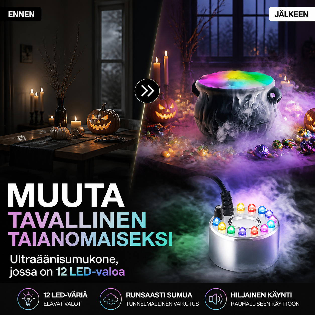 ⚡🎃🔥Ultraäänisumukone, jossa on 12 LED-valoa