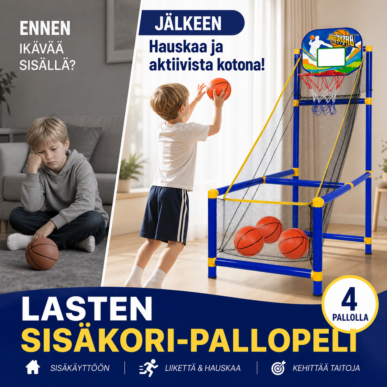 ⏰ -50% ALENNUS NYT! ⛹️ Nopea toimitus 🚚💨 Lasten sisäkori-pallopeli 4 pallolla 🏀