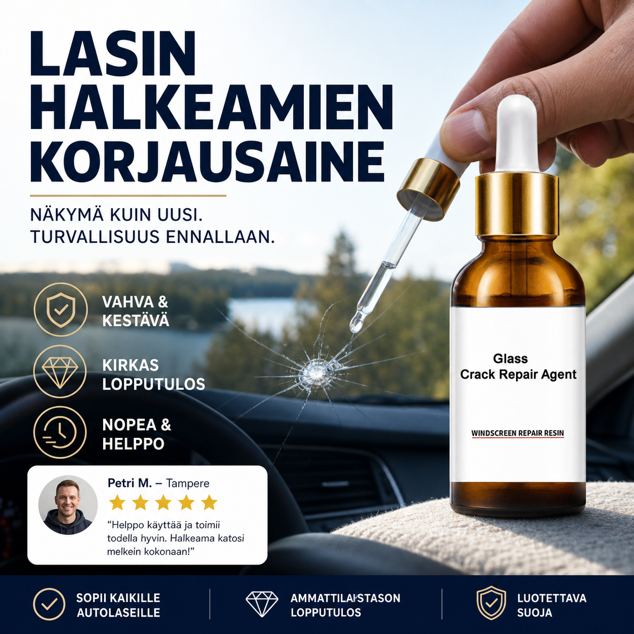 Lasin halkeamien korjausaine