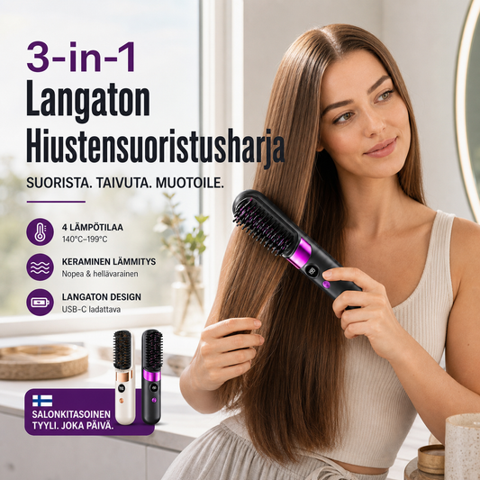 💇‍♀️🔥 3-in-1 Langaton Hiustensuoristusharja – Suorista, Kiharru & Selvitä – USB-C Ladattava, 4 Lämpöasetusta – Täydellinen Hiustyyli Missä Tahansa! ✨
