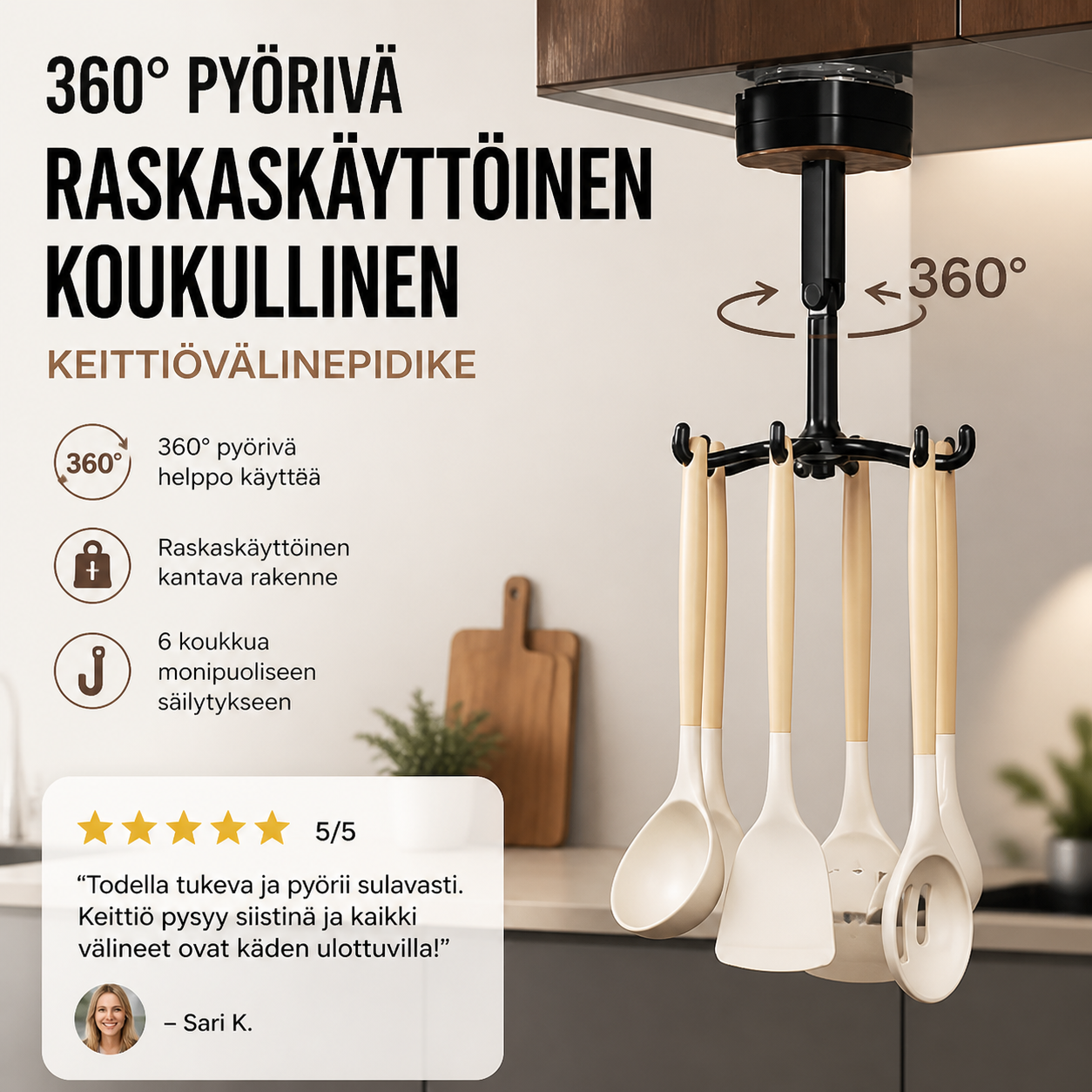 360° pyörivä raskaskäyttöinen koukullinen keittiövälinepidike