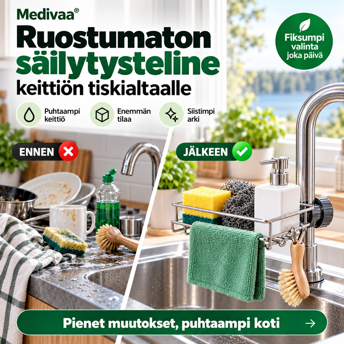 Ruostumaton säilytysteline keittiön tiskialtaalle