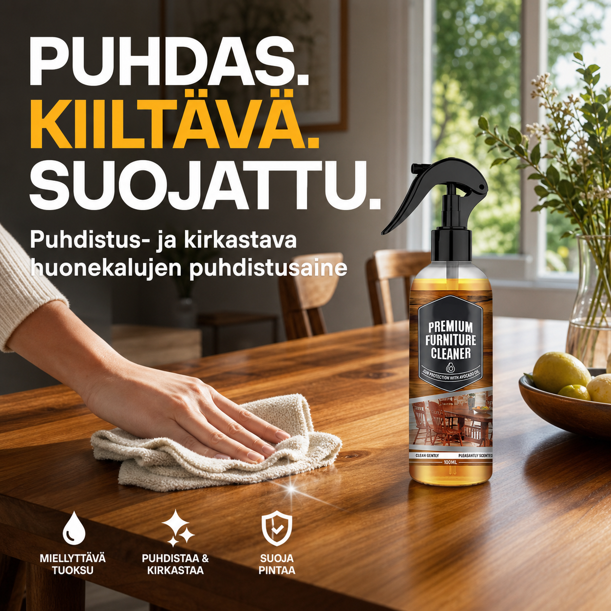 Puhdistus- ja kirkastava huonekalujen puhdistusaine