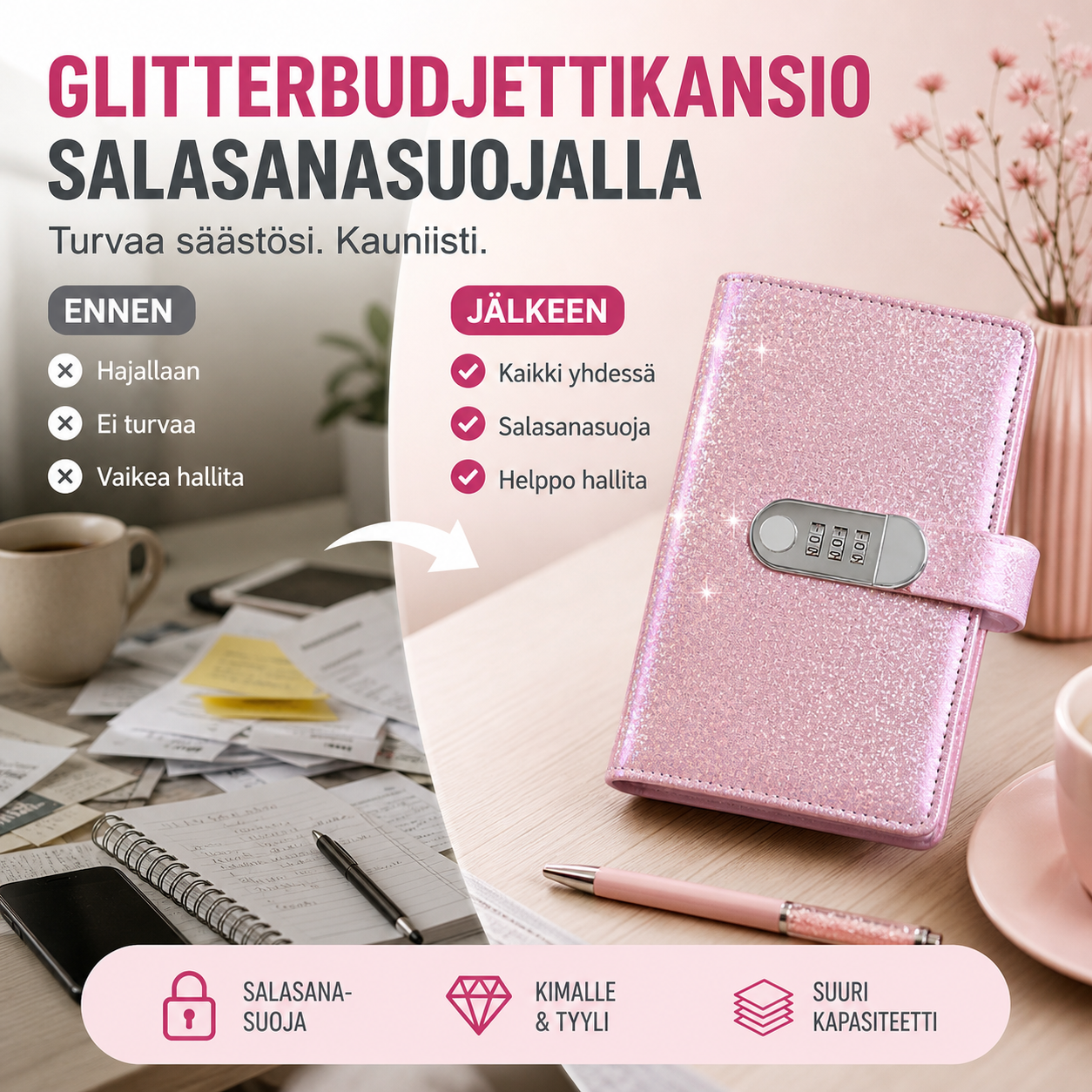 Glitterbudjettikansio salasanasuojalla