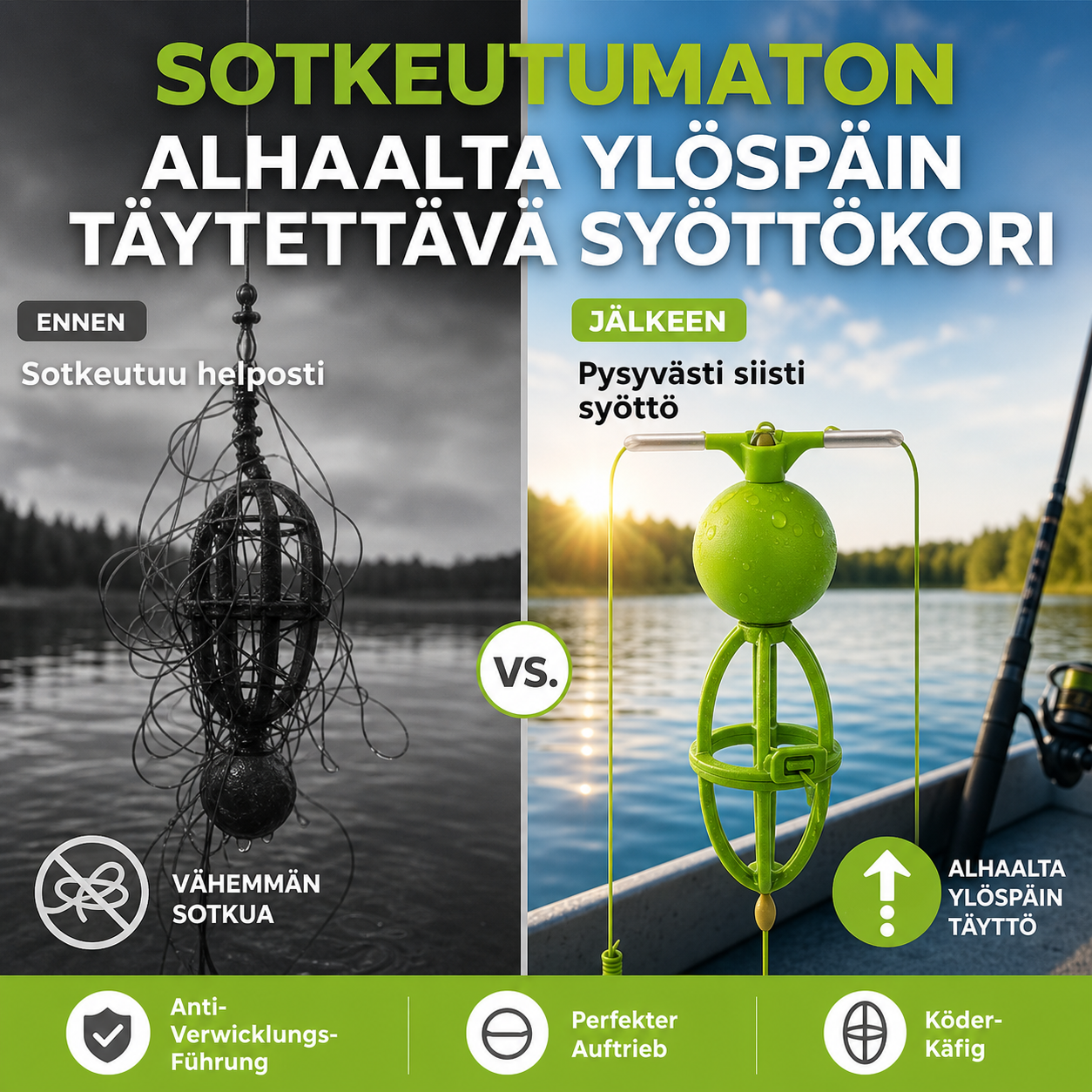 🔥Kuuma tarjous 50 % ALENNUS🔥 Älä enää tuhlaa aikaa siiman selvittelyyn kesken heiton! Takertumaton alhaalta ylöspäin avautuva syöttökori – painotettu pohja, pysyy pystyssä, syöttipilvi 3 sekunnissa 🎣
