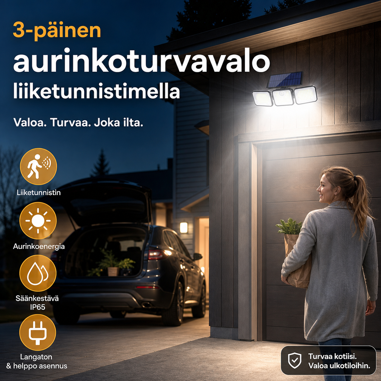 3-päinen aurinkoturvavalo liiketunnistimella