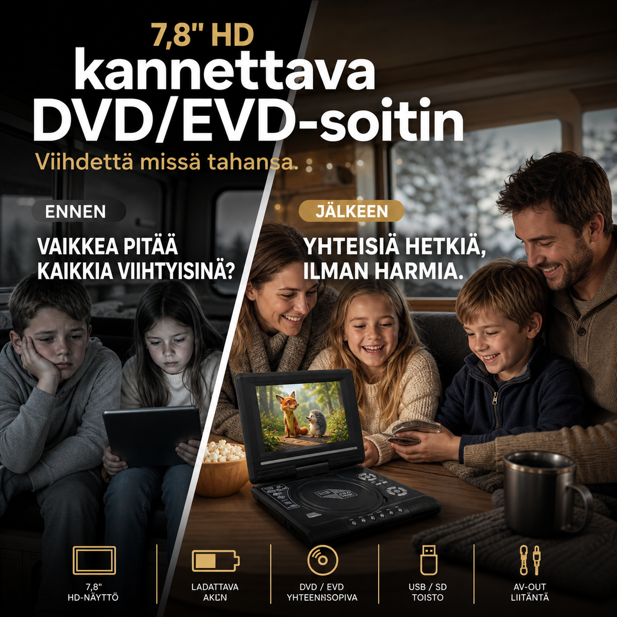 📺 7,8" HD kannettava DVD/EVD-soitin – suuri näyttö, ladattava ja yhteensopiva DVD/CD/USB/SD-korttien kanssa – täydellinen kotiin ja matkalle 🔥 -53%