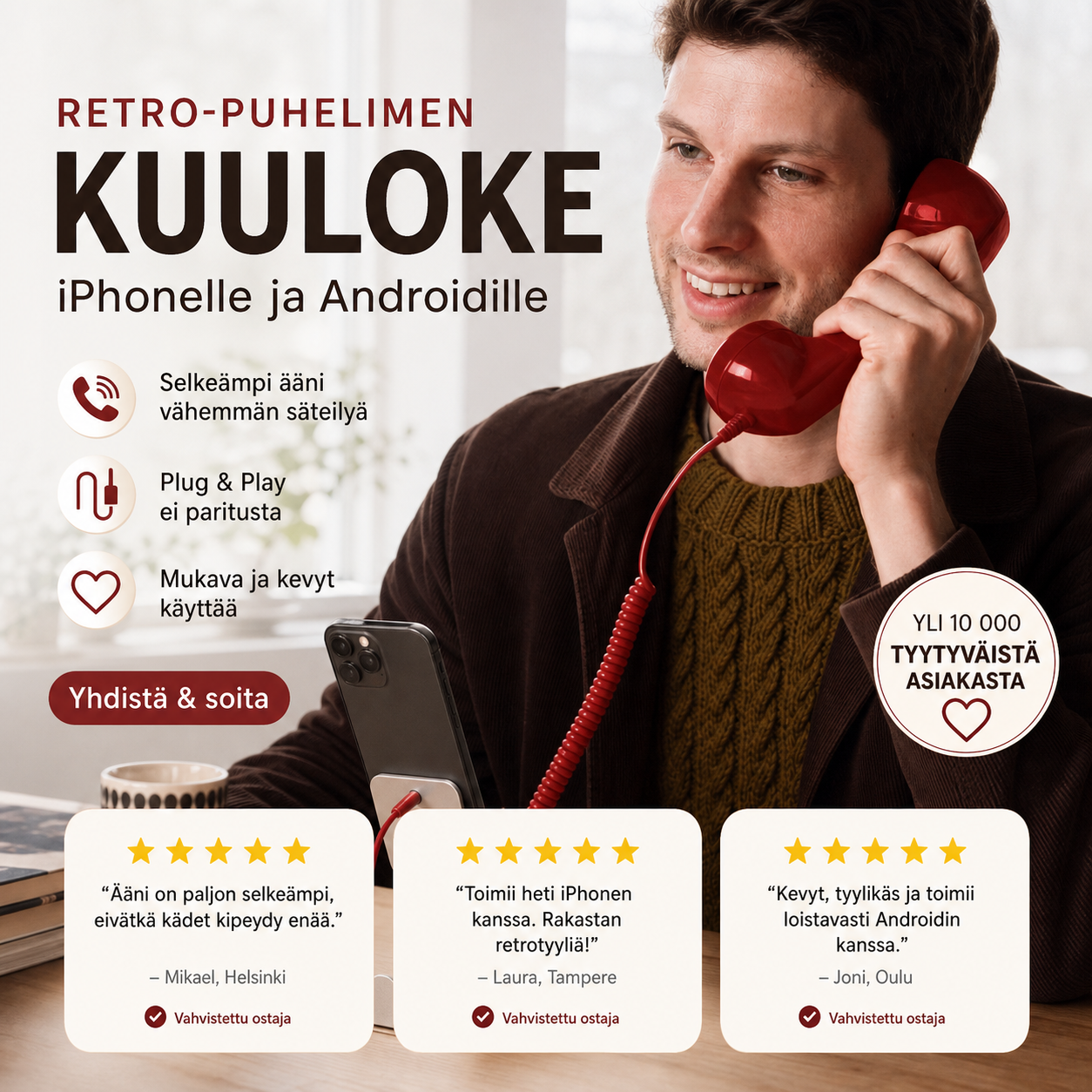 🎄Joulumyynti📞Retro-puhelimen kuuloke iPhonelle ja Androidille, Type-C-liitännällä varustettu vanhanaikainen puhelimen kuuloke HD-mikrofonilla ja kaiuttimella