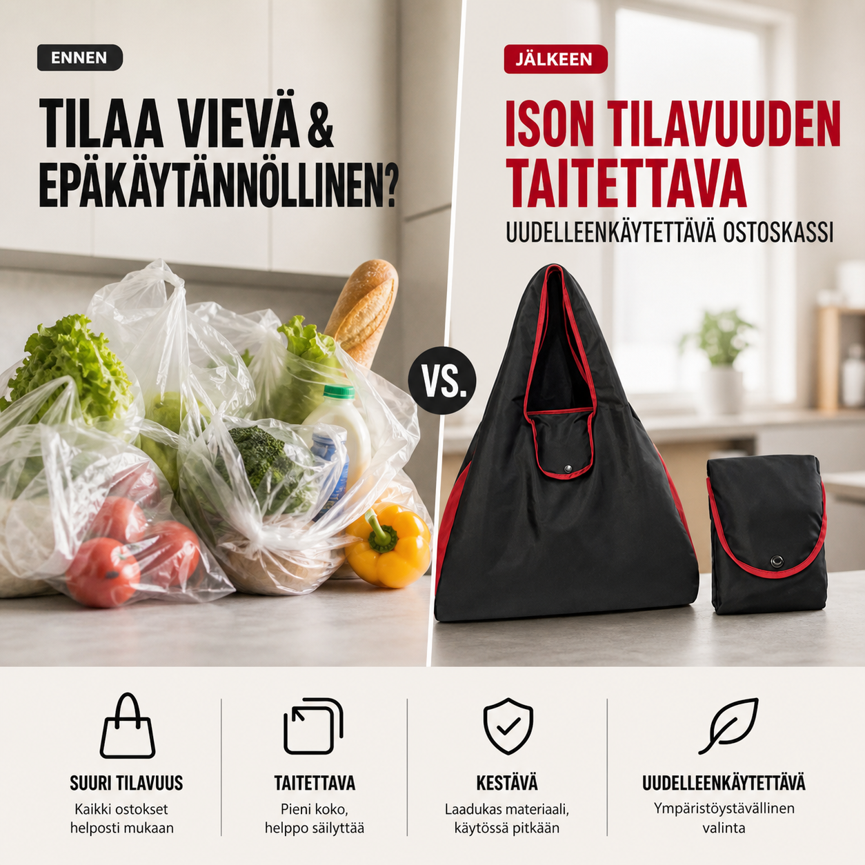 Ison tilavuuden taitettava uudelleenkäytettävä ostoskassi