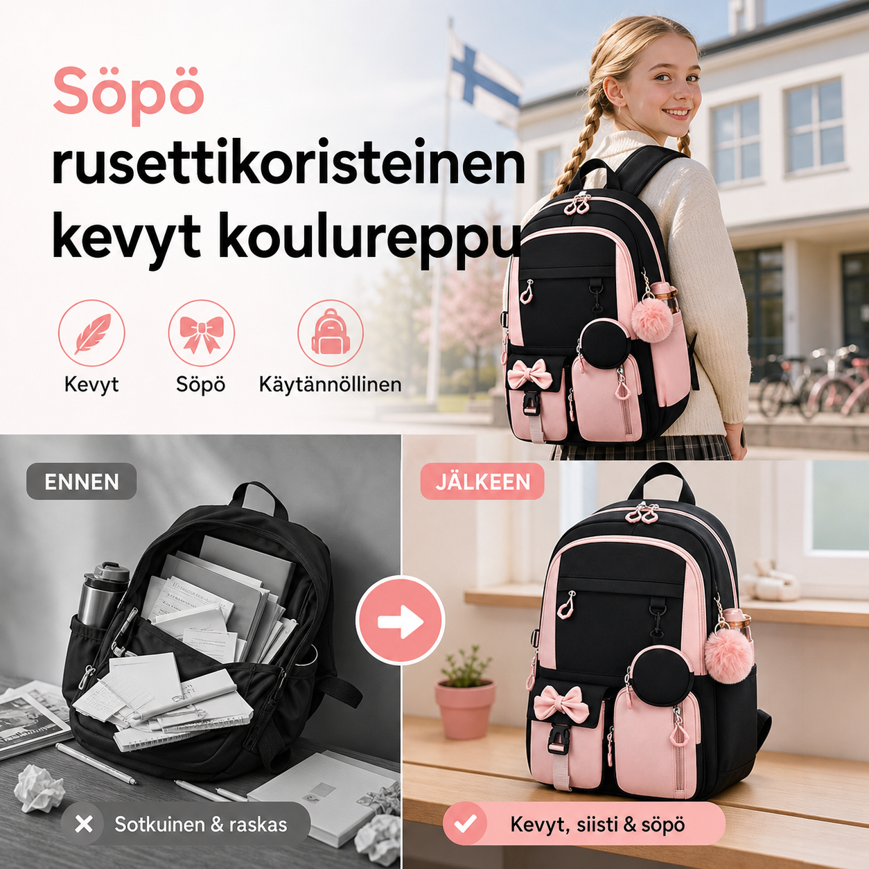 Söpö rusettikoristeinen kevyt koulureppu