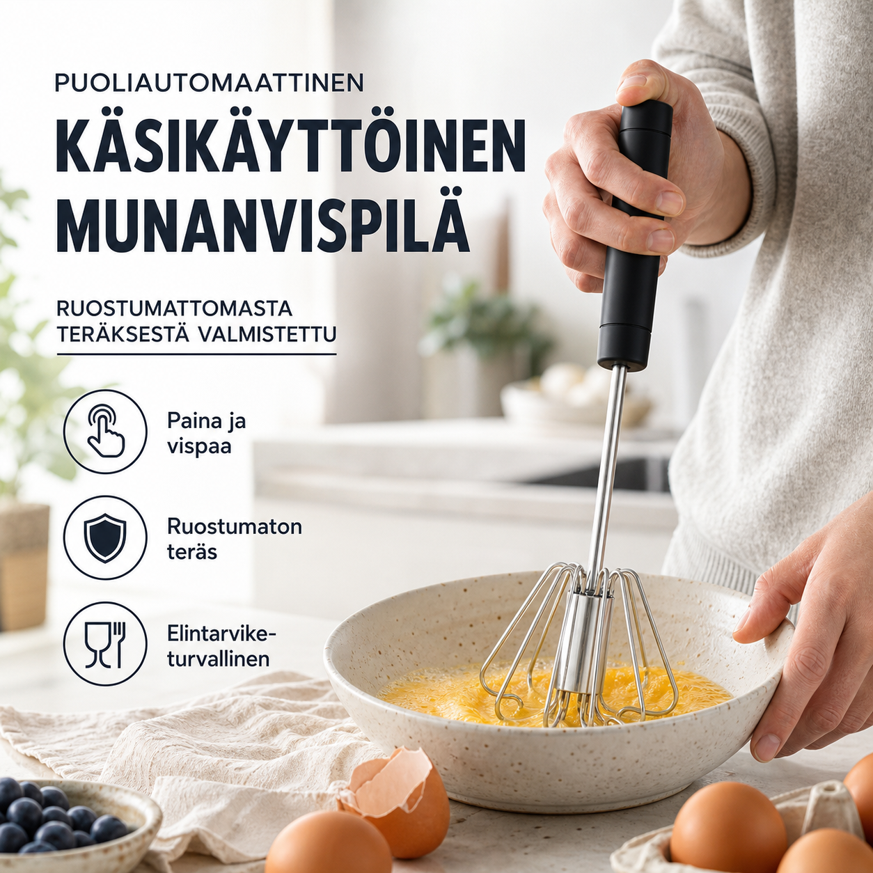 Ruostumattomasta teräksestä valmistettu puoliautomaattinen käsikäyttöinen munanvispilä