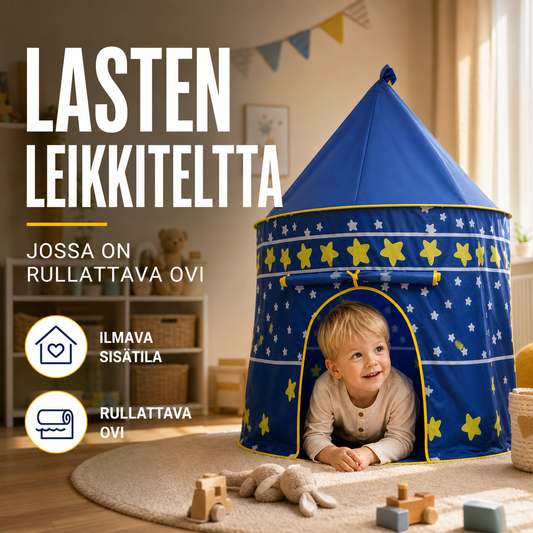 Lasten leikkiteltta, jossa on rullattava ovi