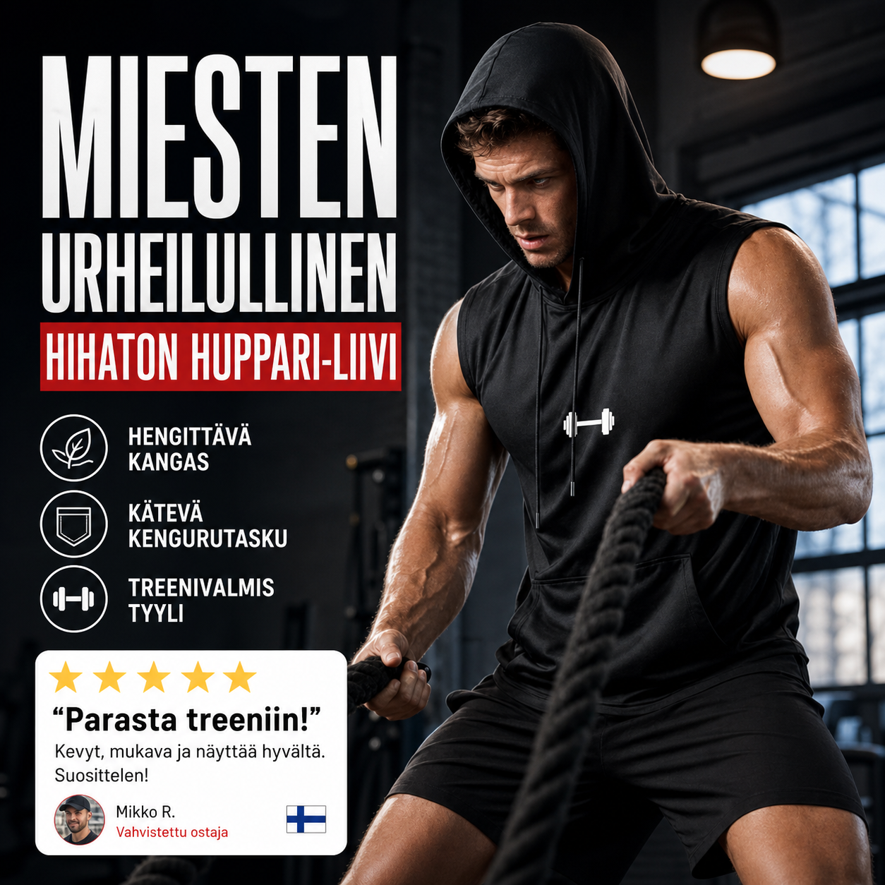 Miesten urheilullinen hihaton huppari-liivi