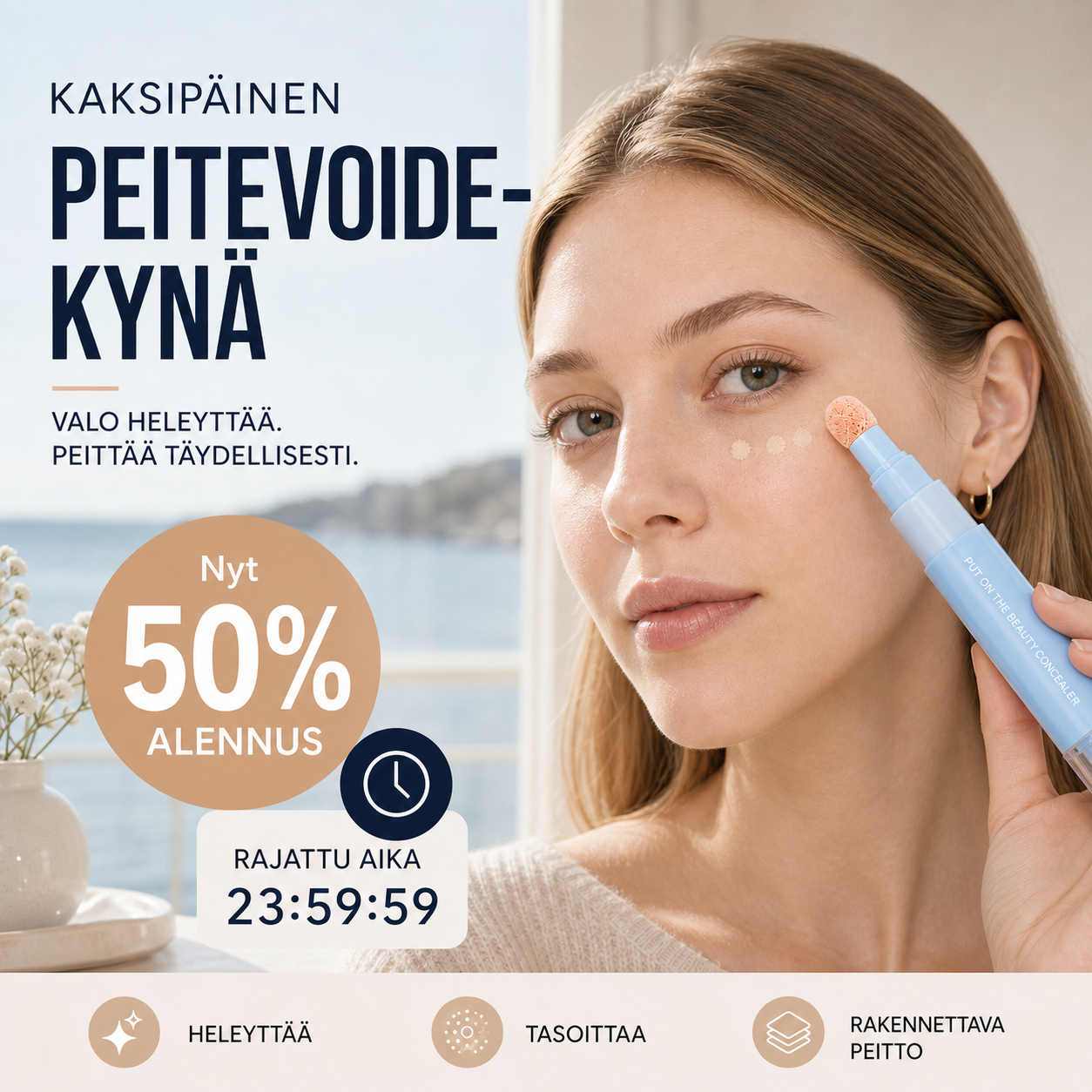 🔥Osta 1, saat 1 ilmaiseksi NYT!💄🥳YLI 50 000 MYYTY!🎨Kaksipäinen peitevoidekynä – peittää tummat silmänaluset ja näppylät, 24 tunnin kosteutus. Kevyt, ei kakkuuntuva. Pehmeä viimeistely.✨
