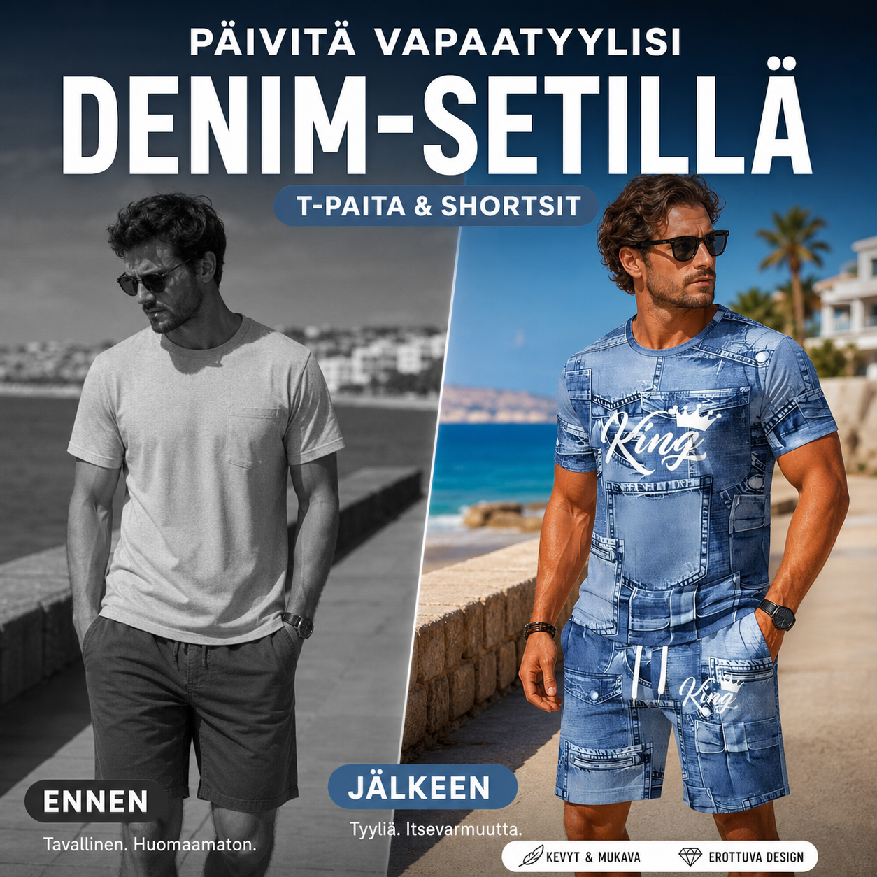 Miesten vapaa-ajan tekodenim-kuvioinen T-paita- ja shortsisetti