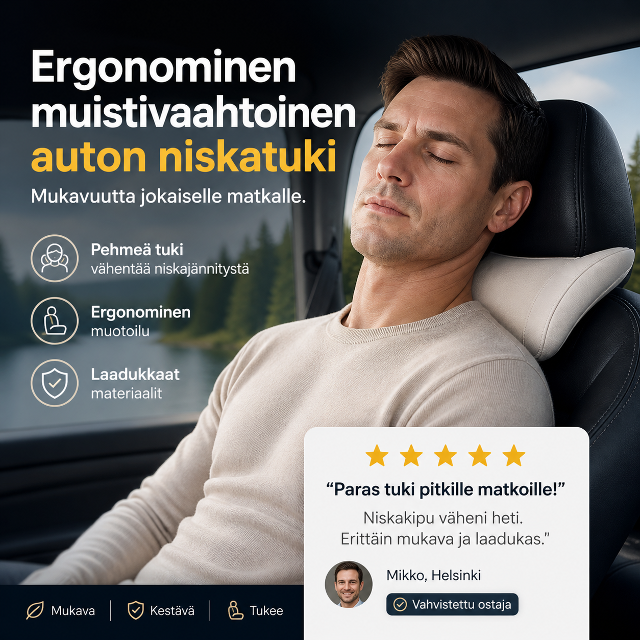 Ergonominen muistivaahtoinen auton niskatuki