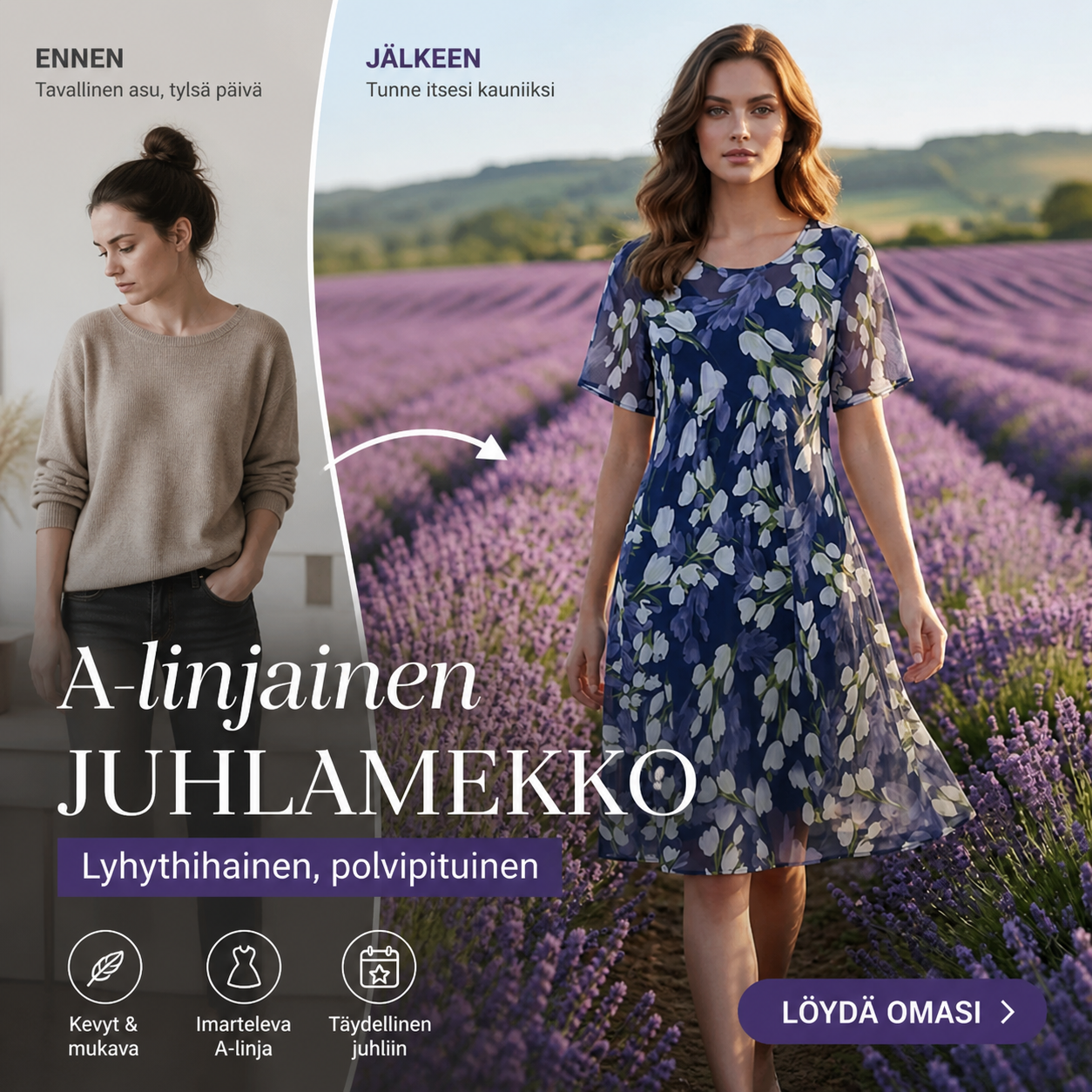 Lyhythihainen, A-linjainen, polvipituinen juhlamekk