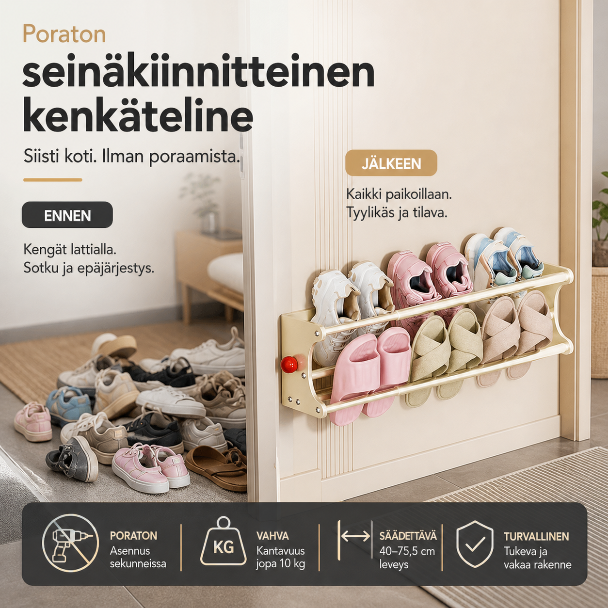 Poraton seinäkiinnitteinen kenkäteline