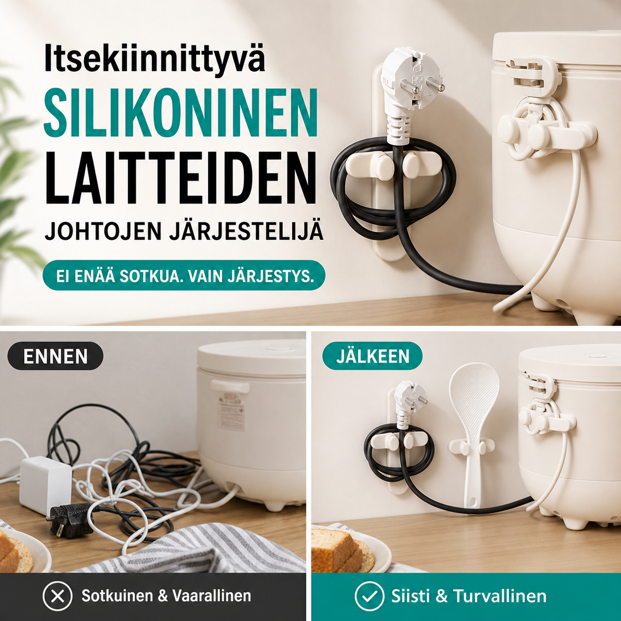Itsekiinnittyvä silikoninen laitteiden johtojen järjestelijä