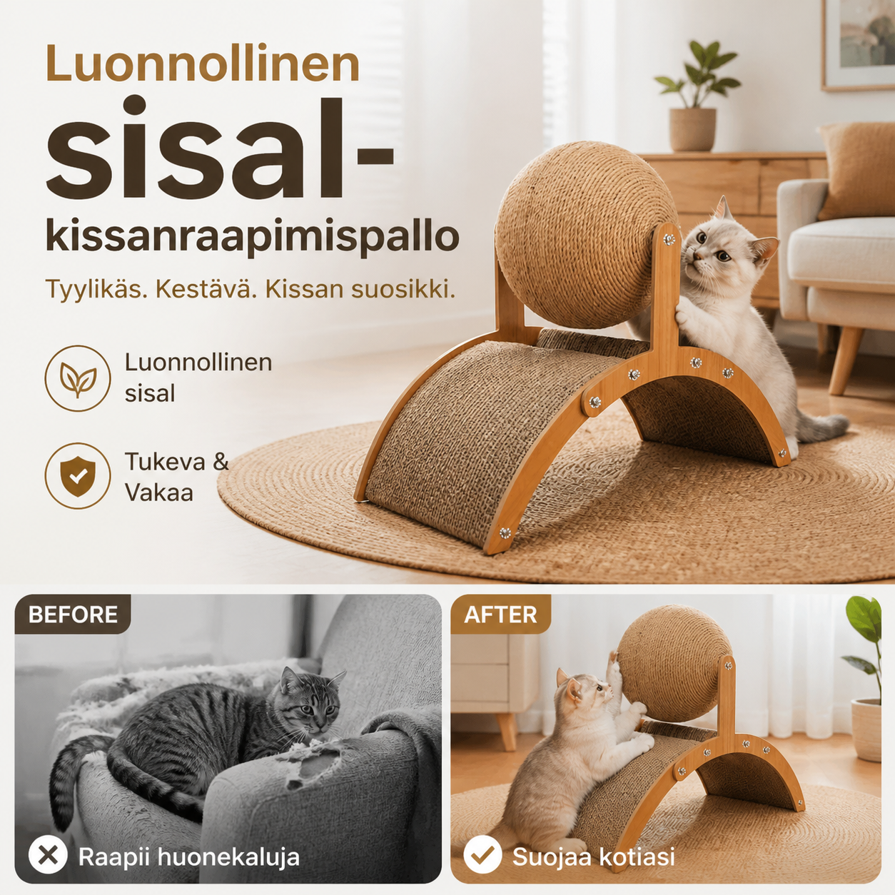 🎉 Vuoden 2026 tarjous — Yli 35 300 myyty! 🐈 Luonnollinen sisalikissanraapimispallo pahvialustalla