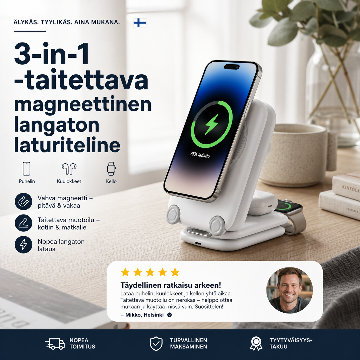 3-in-1 -taitettava magneettinen langaton laturiteline