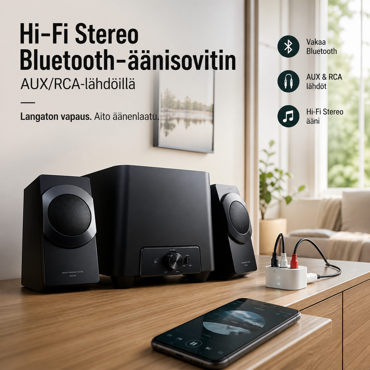 Hi-Fi Stereo Bluetooth -äänisovitin AUX/RCA-lähdöillä
