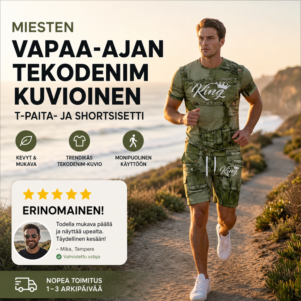 Miesten vapaa-ajan tekodenim-kuvioinen T-paita- ja shortsisetti