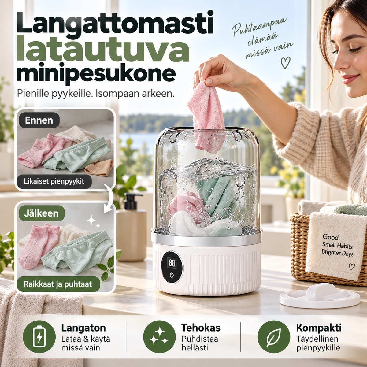 Langattomasti latautuva minipesukone – kätevä ja kompakti pesuratkaisu!