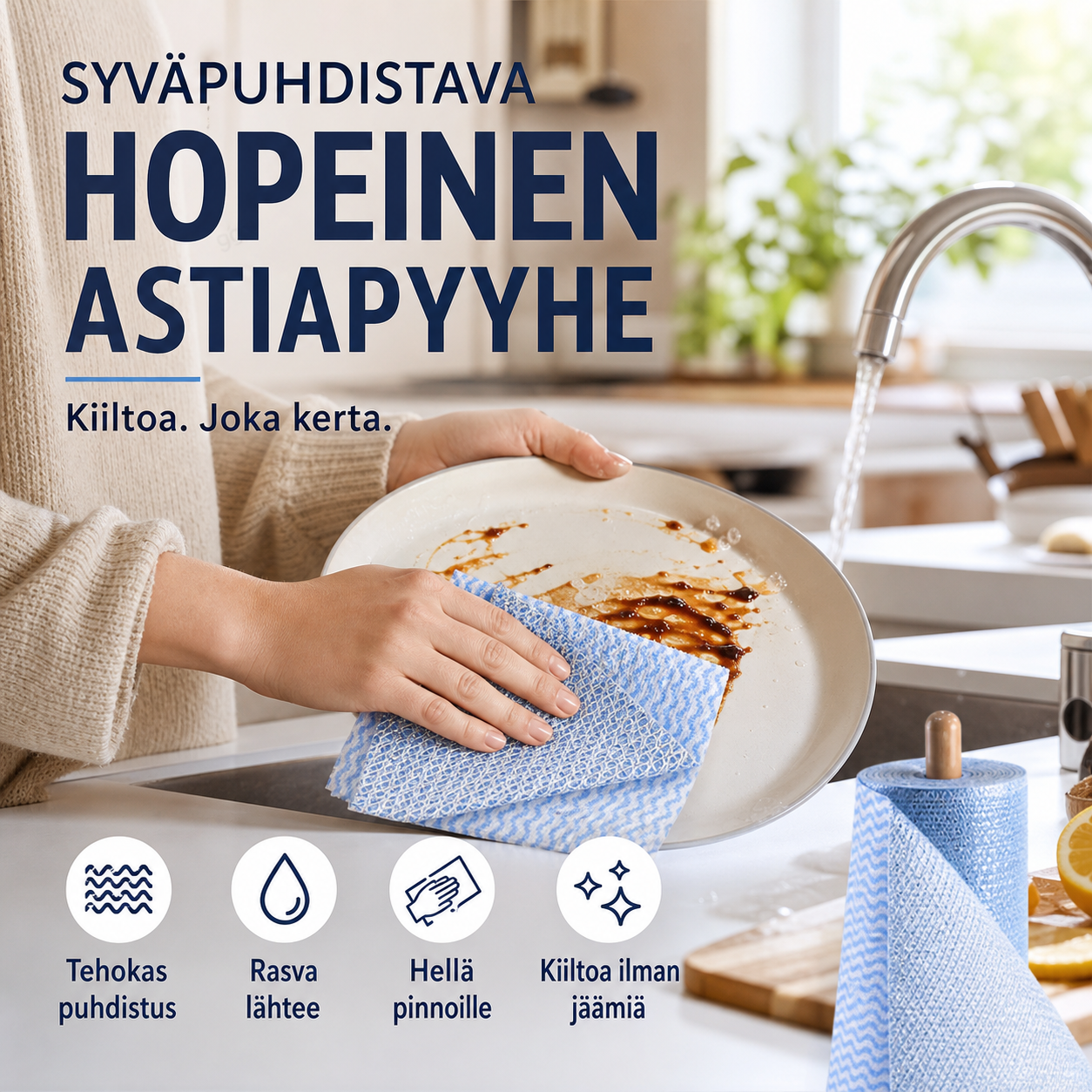 Syväpuhdistava hopeinen astiapyyhe