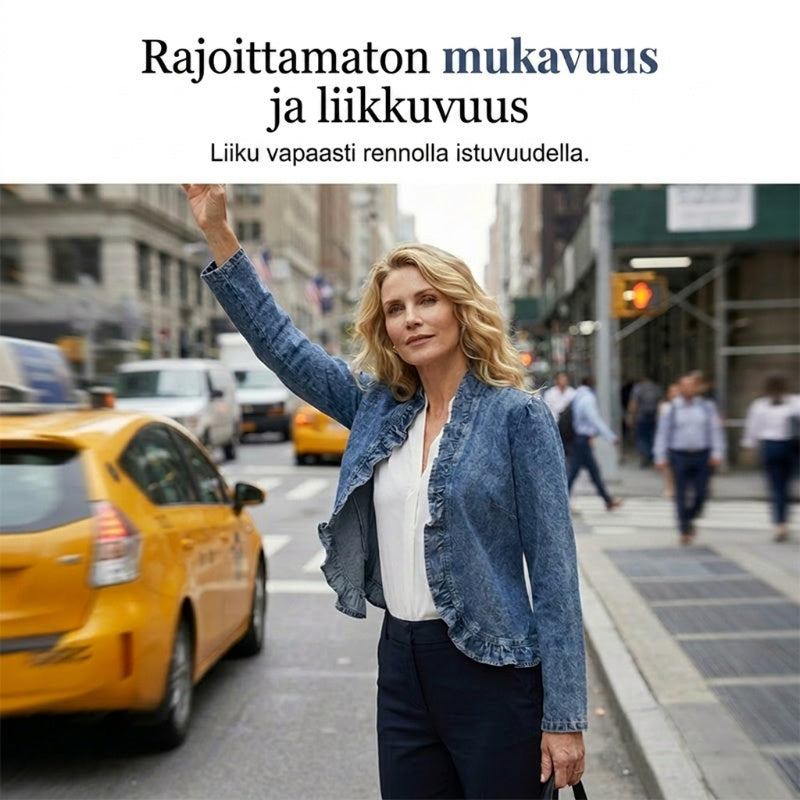 🧥 NYT 50 % ALENNUS! 🌸 Naisten röyhelöreunainen, edestä auki oleva farkkutakki – kevyt ja naisellinen – monipuolinen ja tyylikäs 👗