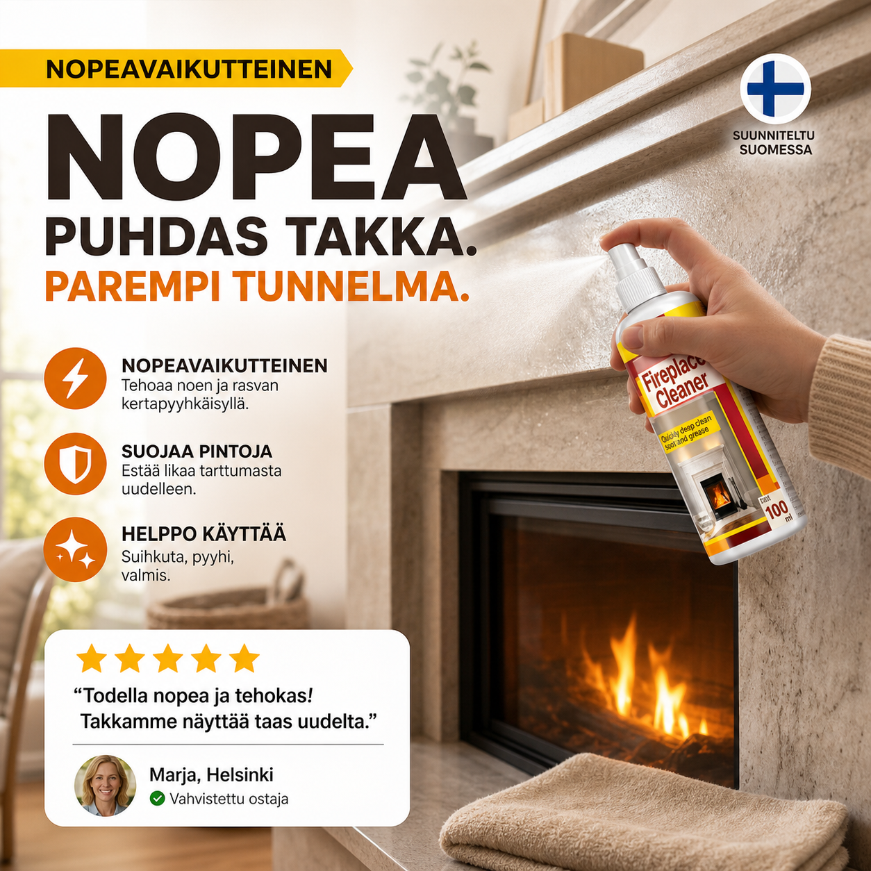 🔥 50% ALENNUS NYT! Nopeavaikutteinen takkapuhdistussuihke – syvälle tunkeutuva noki- ja savutahranpoistoaine