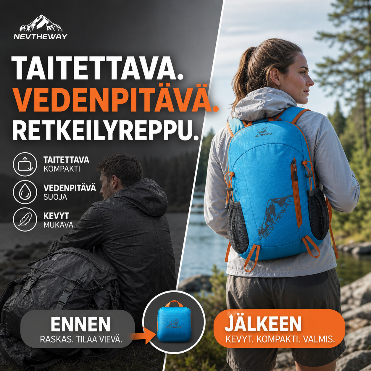 🔥🎁 2+1 ILMAISEKSI!!🥳 💞 YLI 50 000 KAPPALETTA MYYTY! ⚡🎒 Taitettava, vedenpitävä retkeilyreppu